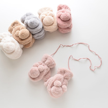 Baby gloves winter 1-3 children Girls plus velvet hanging neck cartoon Korean version of rabbit hair Children Baby baby toddler gloves