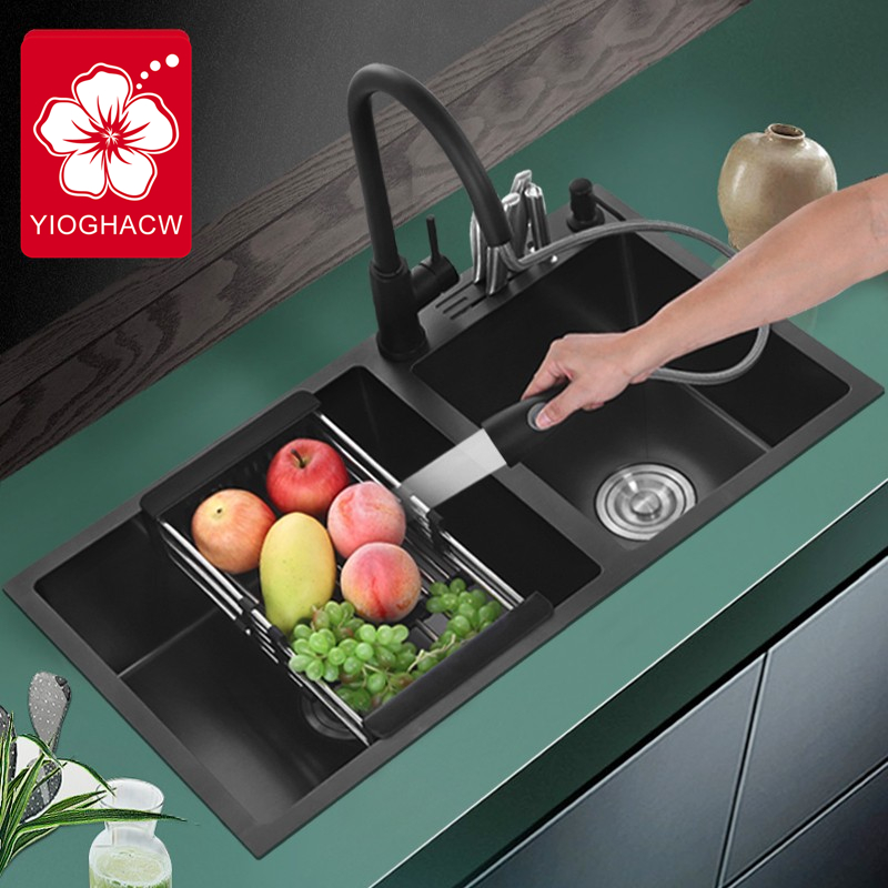 Nano Black Stainless Steel Sink Double Sink Home Kitchen Large Wash Basin Dishwashing Pool Thickened With Tool Holder Package