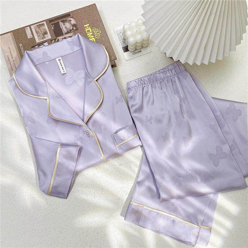 Victoria Silk Pajamas for Women, Summer Butterfly Three-Piece Set, Spring and Autumn Thin Long-Sleeved Mulberry Silk Home Wear Set