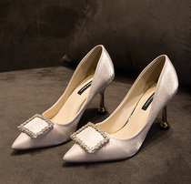 Water drill square buckle Sexy elegant mercerized light mouth custard shoes temperament slim fit with high heel shoes cloakroom Soft womens shoes