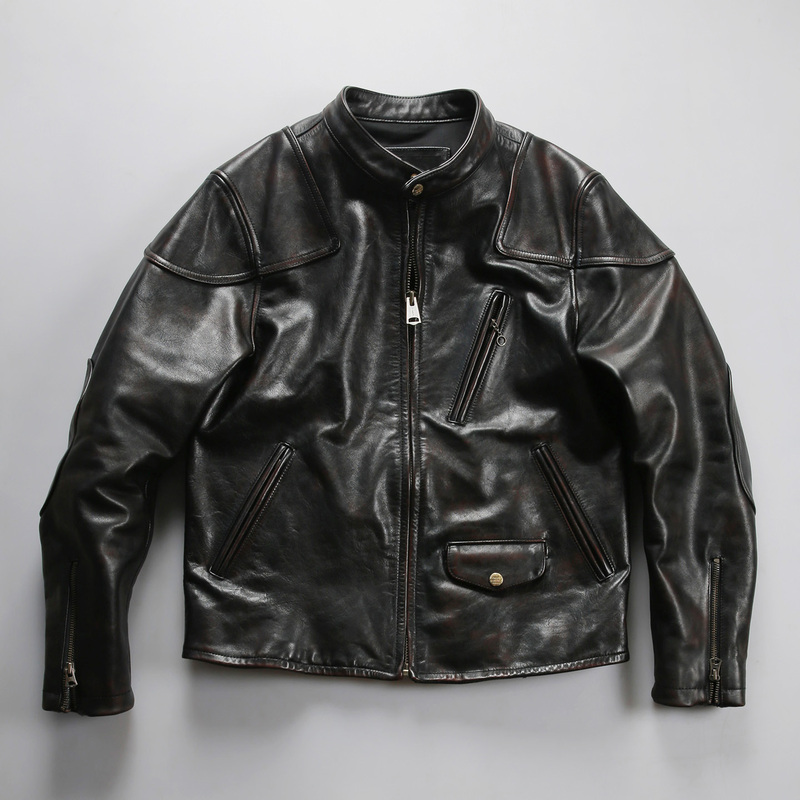 Venom Retro Tea Core Color Horsehide Jacket, Stand Collar Slim Fit Motorcycle Style Genuine Leather Jacket, Men's Short Slim Fit Leather Coat Venom Retro Tea Core Color Horsehide Jacket, Stand Collar Slim Fit Motorcycle Style Genuine Leather Jacket, Men's Short Slim Fit Leather Coat