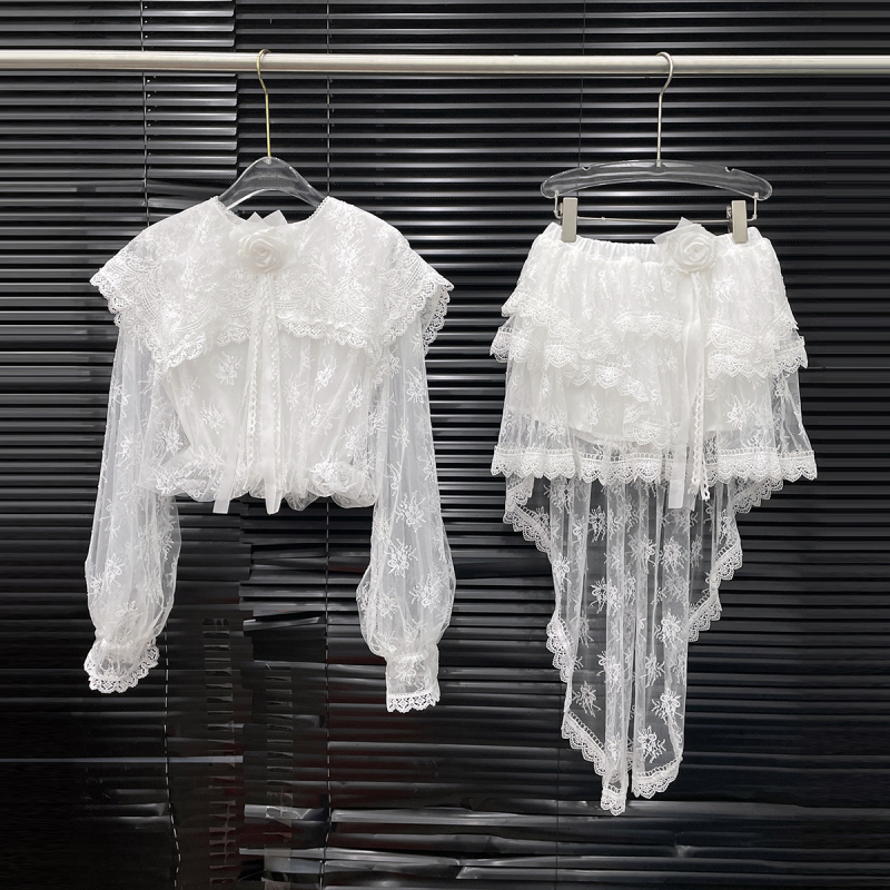 Fu Xinbo Women's Lace Two-Piece Shirt Set, Vintage Fashionable Floral Decorated Short Shirt 15536
