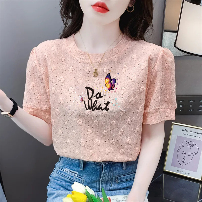 2026 Summer New Lace Top for Women, Trendy Korean Style Round Neck Heart Jacquard Print Slimming Short-Sleeve T-Shirt Women's Clothing