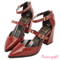 Grace gift X Kerina Niuniu-Back zipper double belt design heels Burgundy