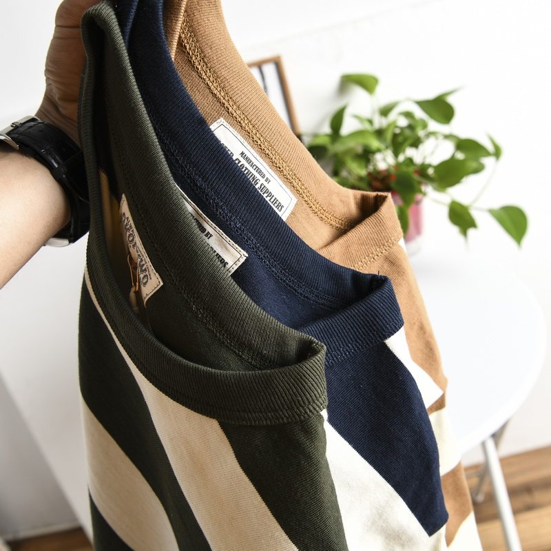 Retro Tide Wide Striped Foreign Trade Export Tail Single Stock Tide Card Cut Mark Summer Men's Pure Cotton Round Collar Short Sleeve T-shirt-Taobao