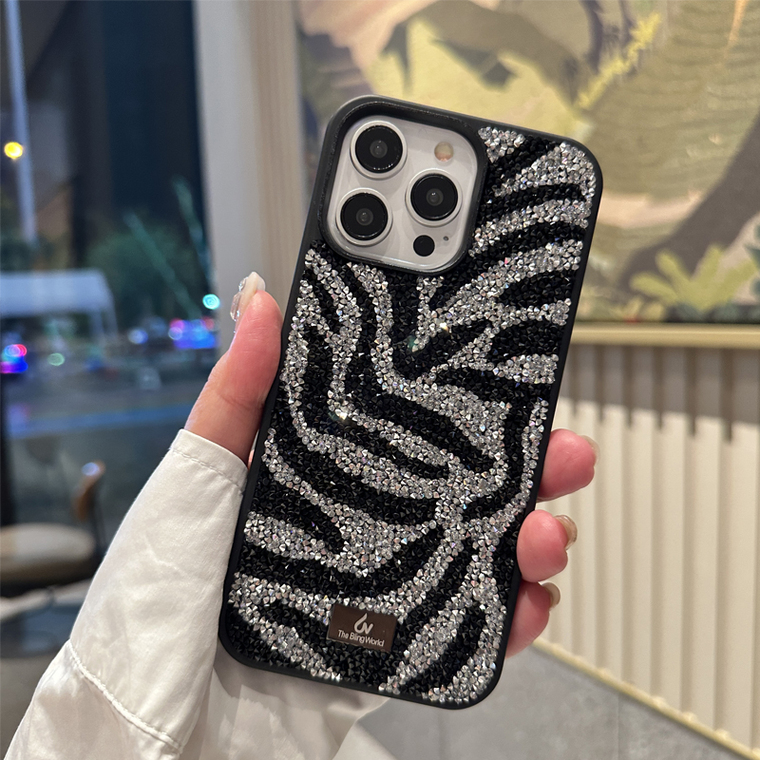 Girls Zebra Stripes Shiny Rhinestone Diamond Bling – Luxury 15, 14, 13, 12 iPhone Case