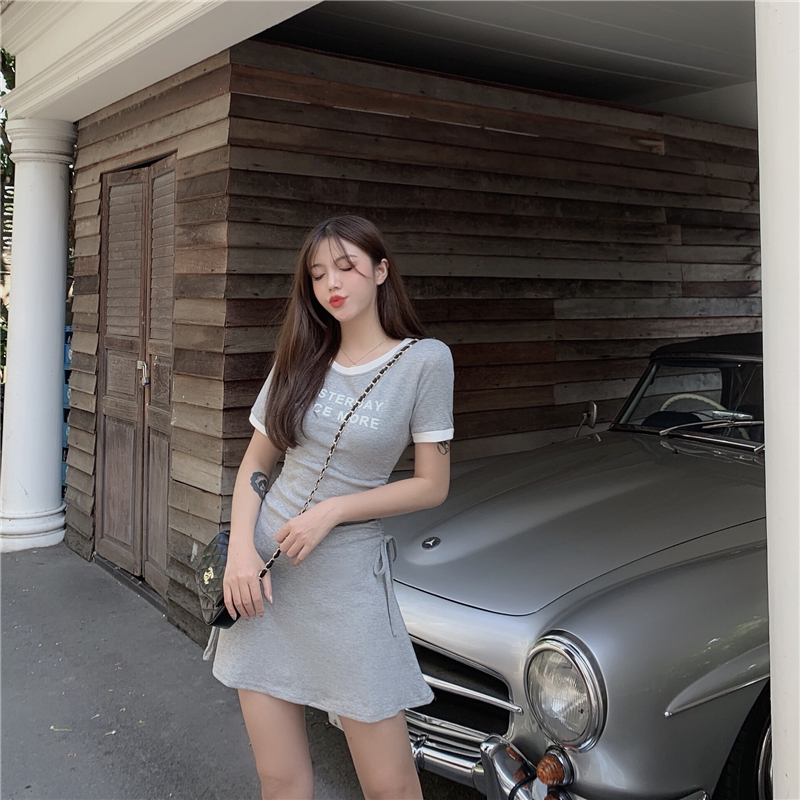 VK旗艦店 韓系休閒撞色邊抽褶彈力短袖洋裝