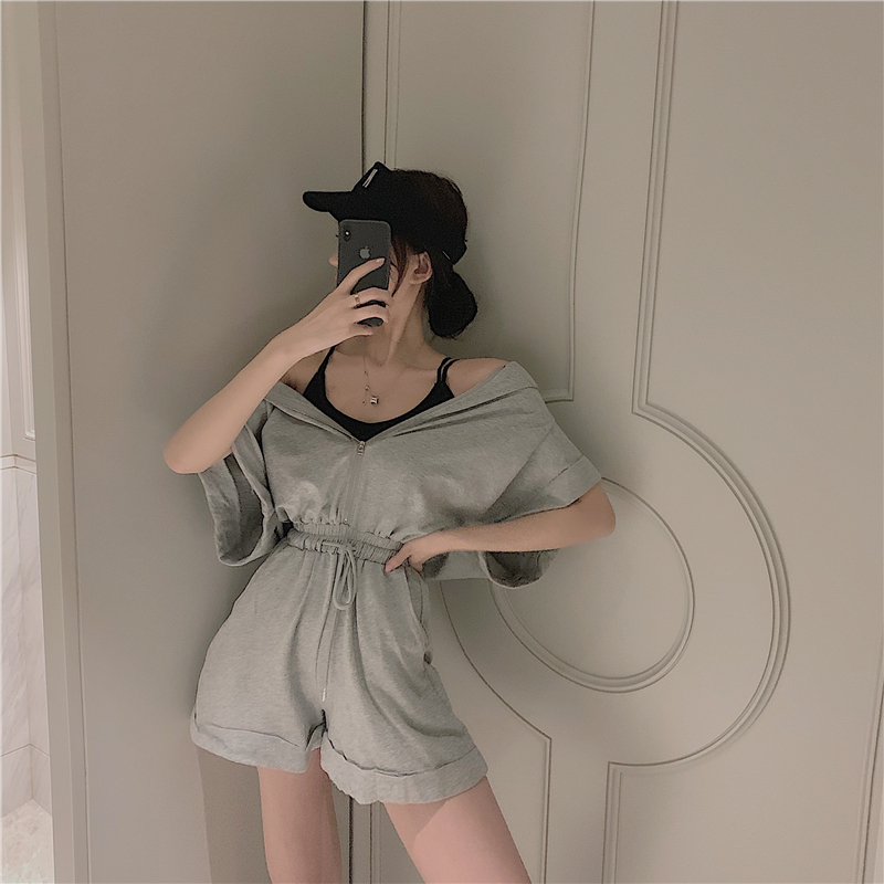 VK旗艦店 韓系連帽寬鬆抽繩連身褲套裝短袖褲裝