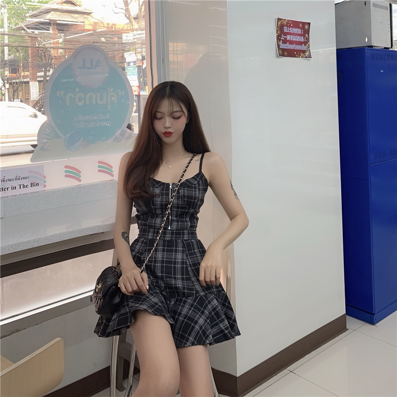 VK旗艦店 韓系復古格紋高腰顯瘦套裝無袖褲裝