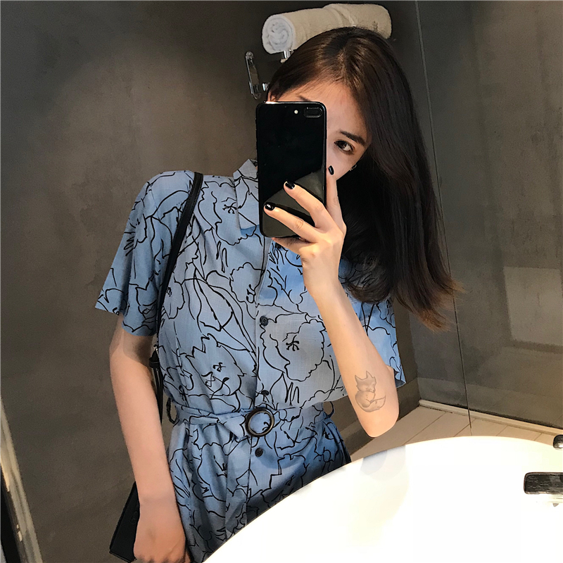 DABI 韓系印花綁帶收腰顯瘦線條花短袖洋裝