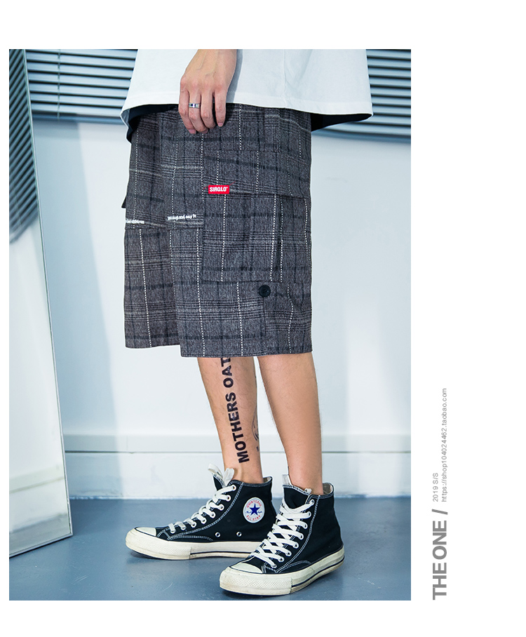THE ONE Nhật Bản lưới mắt cáo dụng cụ quần short nam thương hiệu thủy triều lỏng bf phong cách Harajuku năm quần thủy triều mỏng - Quần short quần ống rộng nam