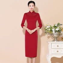 Mother Cheongsam Dress Wedding Banquet Autumn Dress Mid-Length Red Wedding Mothers Modified Dress Happy Mother-in-law Cheongsam Dress