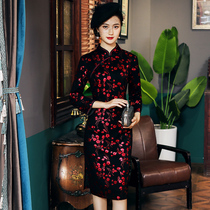 2021 new middle-aged mother western style long-sleeved dress wedding slanted lapel retro cheongsam middle-aged and elderly womens clothing