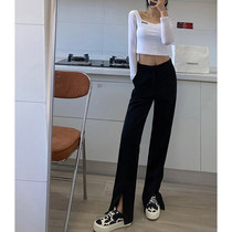 South Koreas Loose Sense Drag West Clothing Pants Women Casual Display Slim Fit Slim Fit Straight Forward Pants Front Open Fork High Waisted Horn Pants