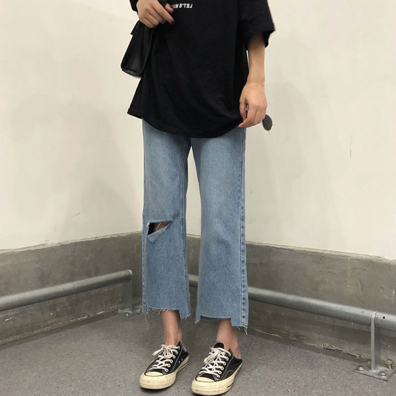 South Korean spring and summer large size Fat son Broken Cave Jeans Woman Light Blue Display Slim Loose Straight Drum High Waist Wide Leg 90% Pants