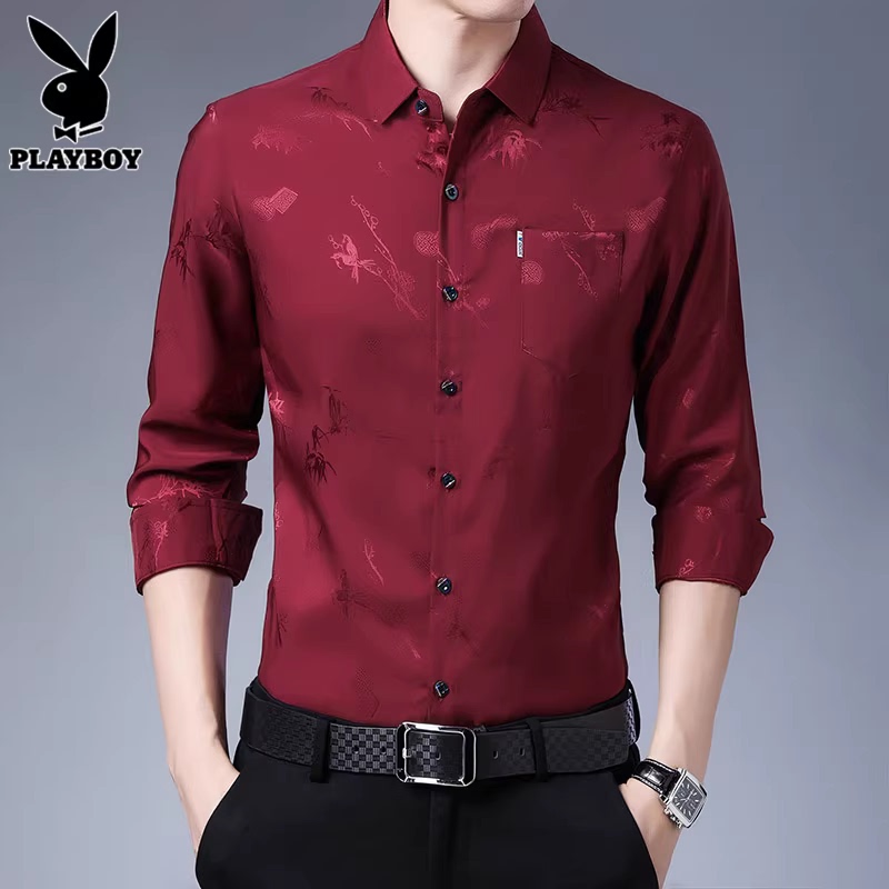 Playboy Long-Sleeved Shirt Men's Shirt 2026 Spring and Summer New Business Casual Burgundy Shirt for Men
