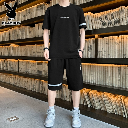 Playboy, мужской летний комплект для отдыха, трендовая черная футболка, короткий рукав