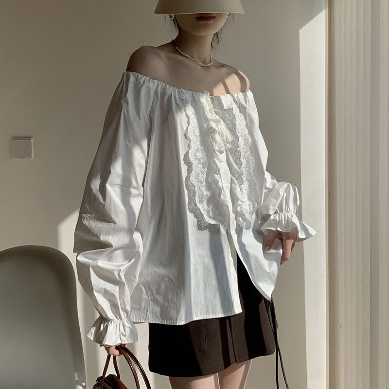 2025 Spring/Summer Sun Protection Off-Shoulder Blouse Korean Style Pure Cotton Lace Trim Ruffle Shirt for Women