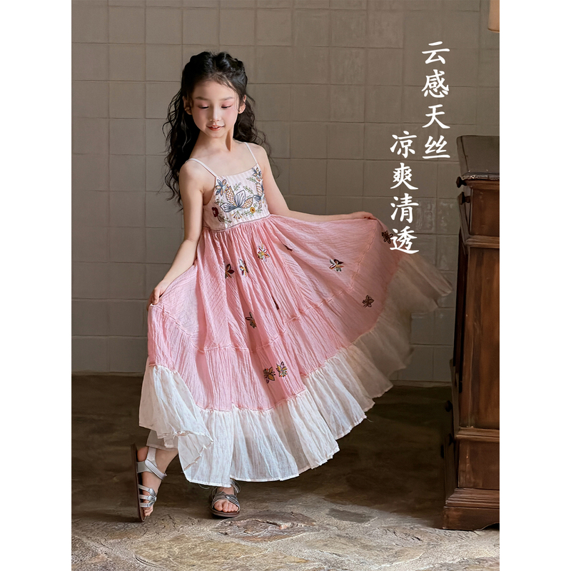 Yfy Girls' Summer Princess Dress Pink Strap Embroidered Dress Birthday Photo Dress Large Skirt Holiday Style Dress