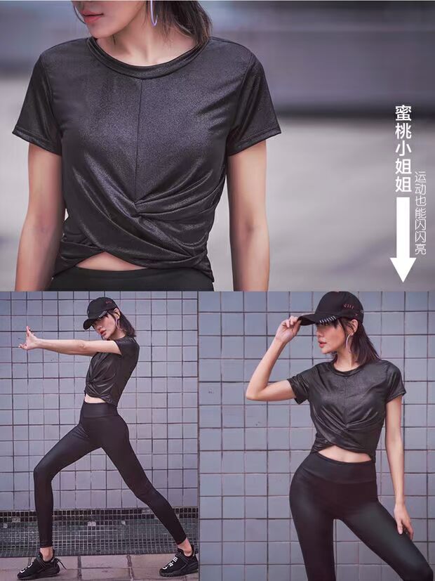 Khoe vòng eo và phơi khô rốn nhanh chóng thể thao Áo thun bé gái đen hồng cổ tròn Đầm ngắn tay thời trang mát mẻ mùa hè - Áo phông thể thao áo thun gym nam