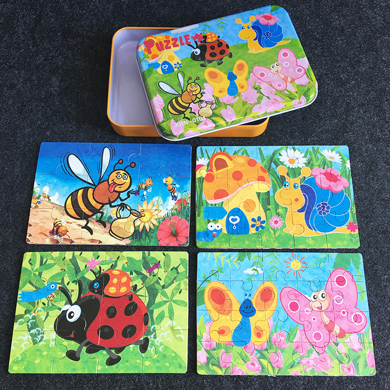 Children cartoon iron box wooden puzzle baby simple puzzle puzzle kindergarten area corner toy 2345 years old
