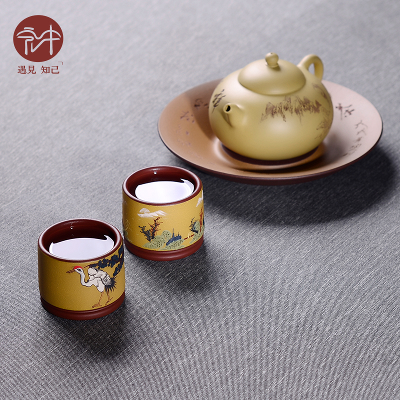 Yixing purple sand cup pure manual purple sand sample tea cup of macro cup of fine mud painting kung fu tea cups