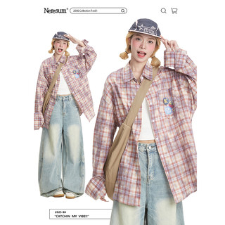 NERESUM夏季防晒薄款格子长袖衬衫女美式宽松潮牌百搭休闲衬衣