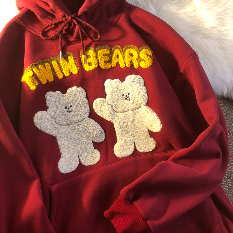 Neresum2021 new small bear embroidery plus suede thickened dinghy with cap red thick cotton T female chic harbor wind