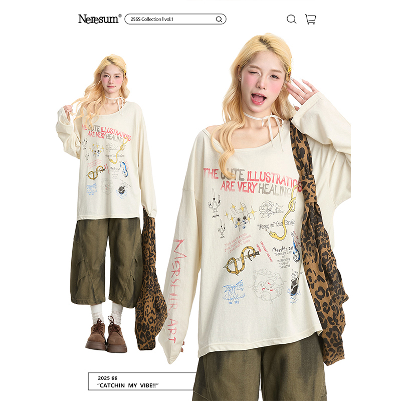 Neresum Cartoon Graffiti One-Shoulder Long-Sleeve T-Shirt for Women, Summer American Style, Loose Street Style, Breathable Niche Top Neresum Cartoon Graffiti One-Shoulder Long-Sleeve T-Shirt for Women, Summer American Style, Loose Street Style, Breathable Niche Top