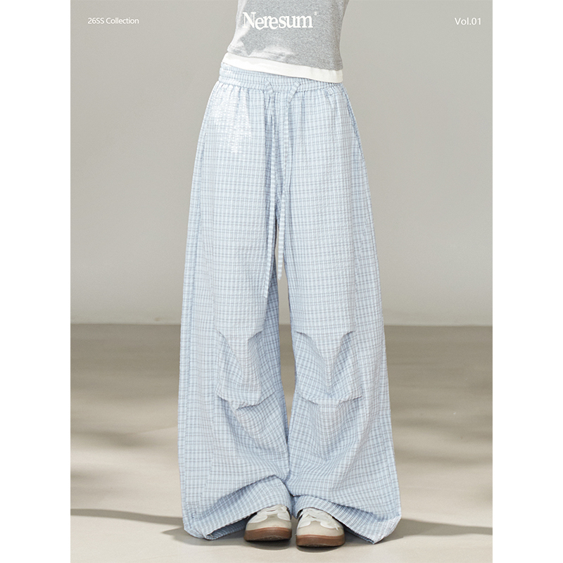 Neresum Blue Plaid Pants for Women, Summer Trendy Brand, Pleated Straight-Leg Pants, Drapey, Slimming, Casual Wide-Leg Pants ins