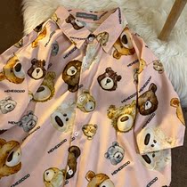 Neresum full printed bear V collar cardigan loose oversize couple bf Harajuku wind half sleeve female national tide shirt