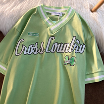 Neresum letter embroidery V-neck short sleeve t-shirt women ins Tide brand base shirt loose oversize summer half sleeve