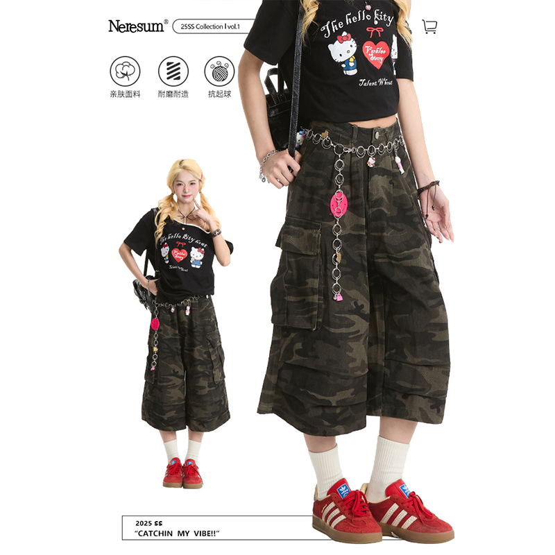 NERESUM 夏 アメリカン マルチポケット カモフラージュ クロップドパンツ レディース 新作 トレンド レトロ ストレート ワイドレッグ ショーツ