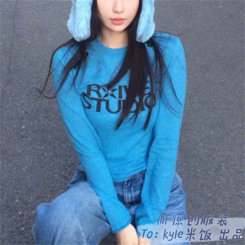 Double-Track Jiang Muyu and Shu Xin Same Style Knitted Sweater with Blue Lettering, Pullover, Round Neck, Long-Sleeved Base Shirt, Sweater Top for Women