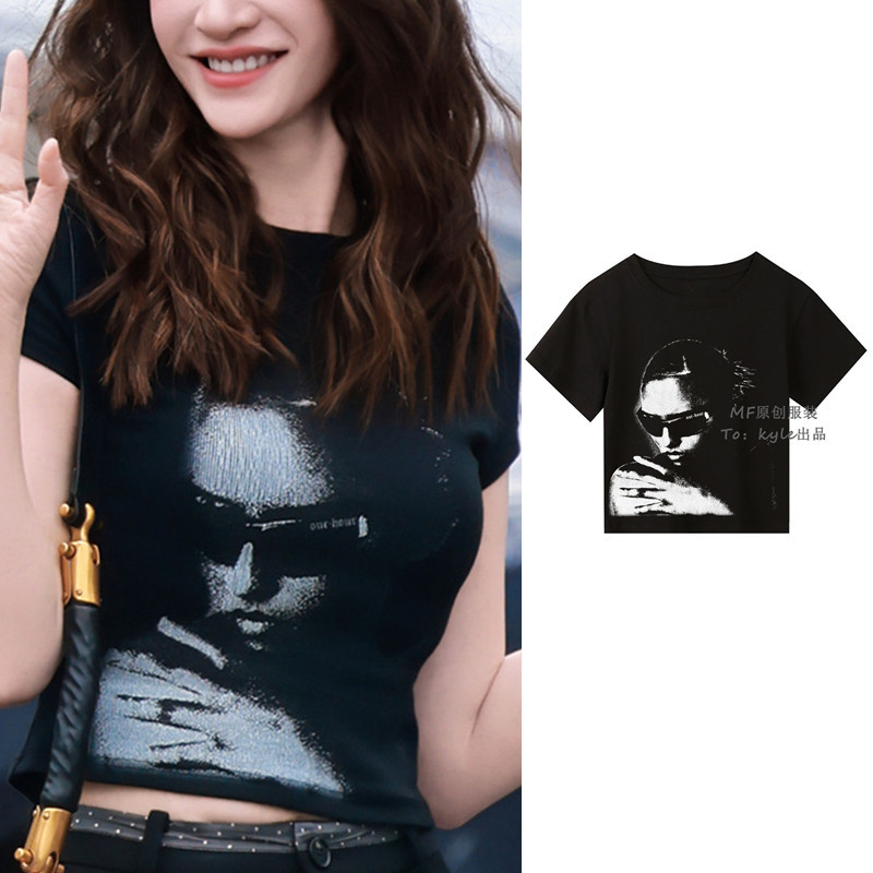 Sister Who Seizes the Wind and Waves 2026 Li Xiaoran Style T-Shirt Hot Girl Style Black Portrait Short-Sleeve Crop Top for Women