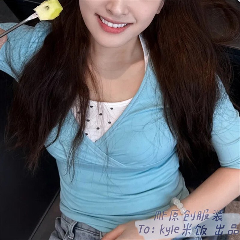 Shen Yue Style Korean Version Blue Cross-Over Deep V-Neck Pullover Short-Sleeve Slimming T-Shirt Polka Dot Halter Neck Tank Top