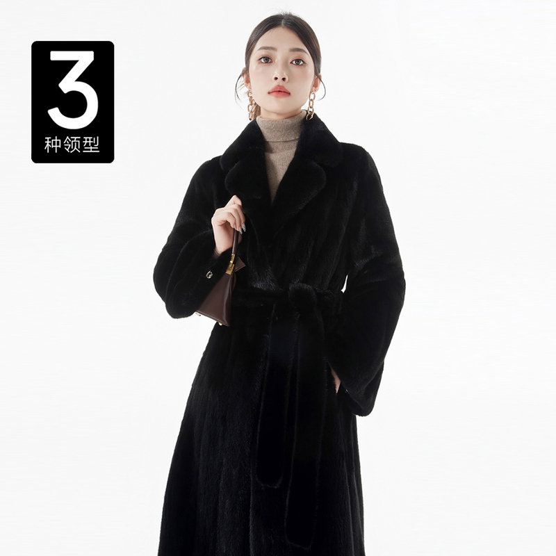 Dichen American Black Sable Imported Mink Fur Coat for Women, Full Mink Over-The-Knee Long Mink Fur Coat, New Style for Young People