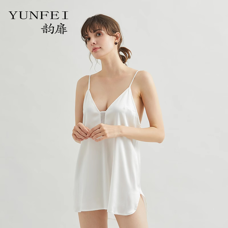 Yunfei Mulberry Silk Sexy Nightgown for Women, Transparent Mesh Silk Camisole Nightdress, Stunning Short Silk High-End Dress