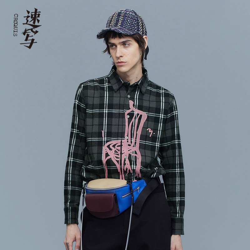 Short-written men's 20 spring and autumn discount new shirt long-sleeved personality bump chair pattern grid slim fashion trend