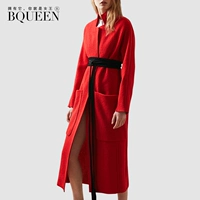 Bqueen2017 mùa đông mới Châu Âu và Mỹ tính khí cổ áo cổ áo eo pocket len ​​coat dài áo len áo khoác dạ nữ dáng dài