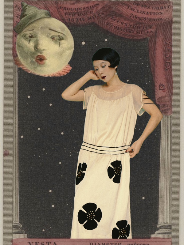 1920S｜Piero Handmade Velvet Flower-Decorated Low-Waist Silk Sleeveless Loose Mid-Length Dress