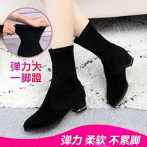 Genuine Leather Dancing Boots Woman Fall Cotton Boots Head Layer Cow Leather Side Zipped Coarse Heel Garnter Low Heel Winter Square Dance