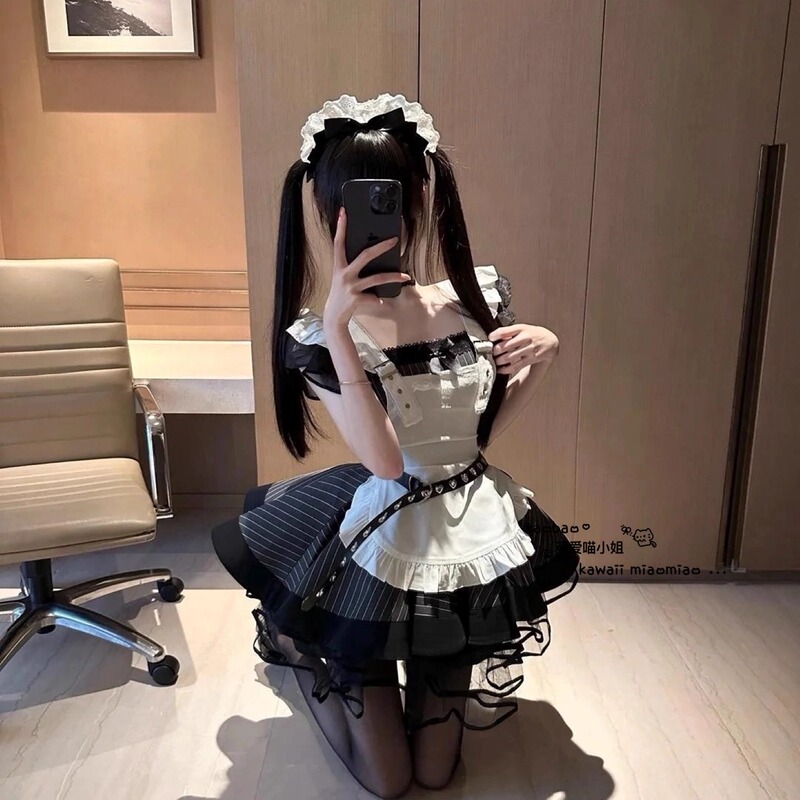 Meow: Japanese Retro Subculture Maid Outfit Gothic Style Black and White Striped Suit Lolita Dog Short Dress Meow: Japanese Retro Subculture Maid Outfit Gothic Style Black and White Striped Suit Lolita Dog Short Dress