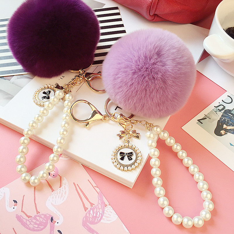 Imitation Lazy Rabbit Hair Balls Pearl Necklace butterfly knot Stuffed Pendant Plush Key Buckle Gross Fur Ball Car Leather Grass Pendant
