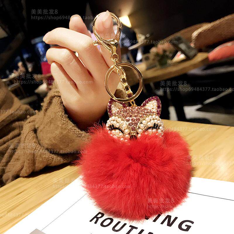 Hot Sell Rex Rabbit Plush Fur Ball Pendant Alloy Insert Drilling Closed Eye Fox Lady Bag Bag Car Key Buckle Hanging Ornament