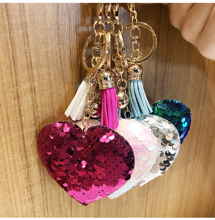 Korean glitter love creative double-sided sequins love tassel keychain car accessories pendant keychain chain