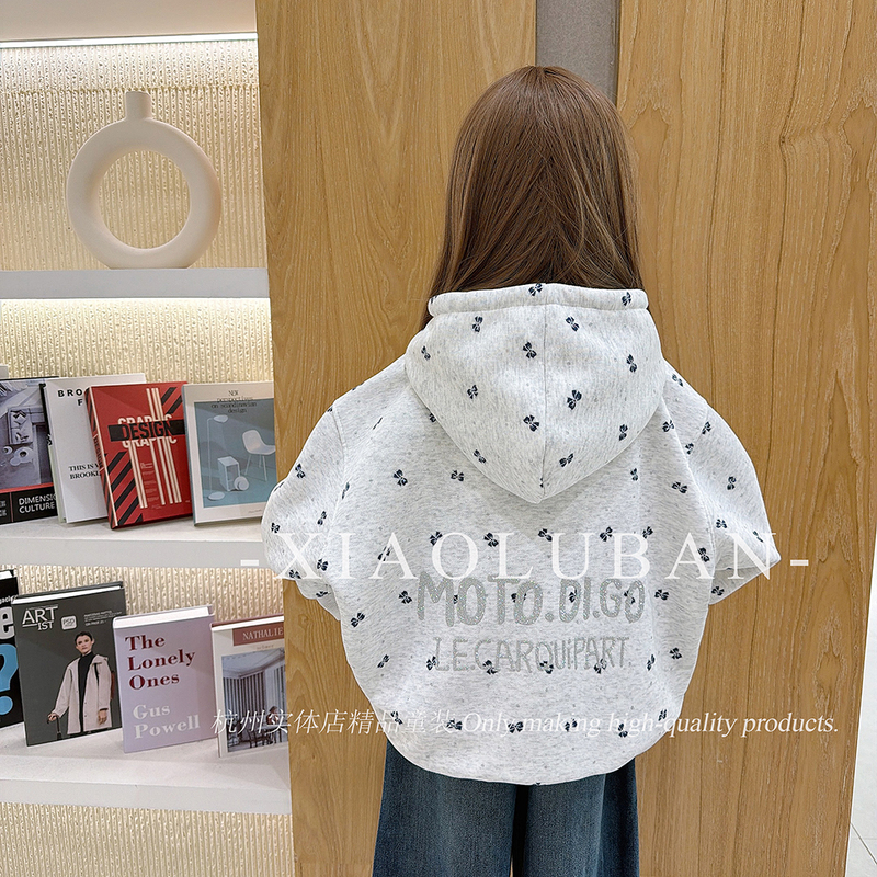 C6029【In Stock 130 140】Brand High-Quality Ultra-Soft Full-Print Sweatshirt Jacket with Bow Tie Gray 130-170