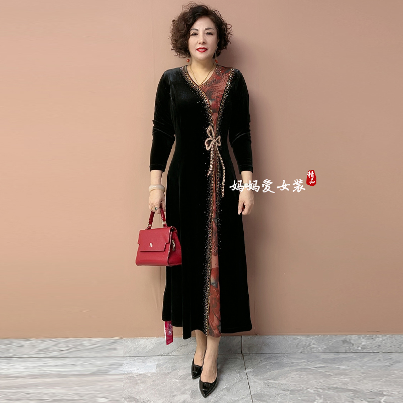 Elegant Mother's Waist-Cinching Dress 2026 Spring New Style Middle-Aged Mother's Fashionable Plus-Size Faux Two-Piece Velvet Long Dress Elegant Mother's Waist-Cinching Dress 2026 Spring New Style Middle-Aged Mother's Fashionable Plus-Size Faux Two-Piece Velvet Long Dress