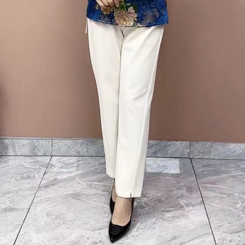 Mom's Summer Thin Silk White Pants, Versatile Drapey Slim-Fit Pants, Casual Plus-Size High-Waisted Slimming Cropped Pants
