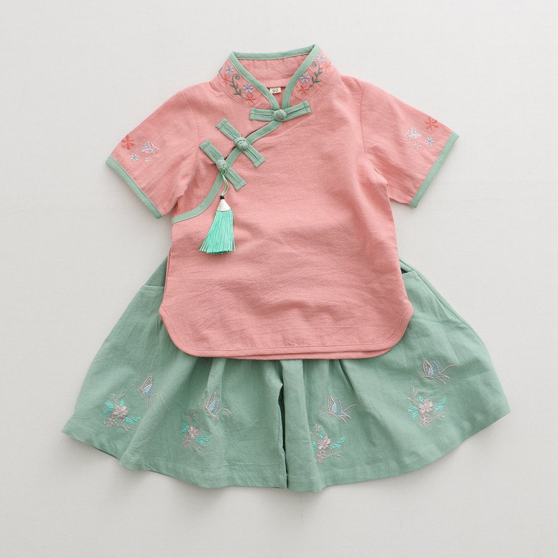 ชุดผ้าฝ้ายลินินสำหรับเด็กผู้หญิง สไตล์ยุคสาธารณรัฐศิลปะจีน ชุดฮันฟูแขนสั้นสำหรับเด็กทารก กระโปรงและกางเกงปักลาย